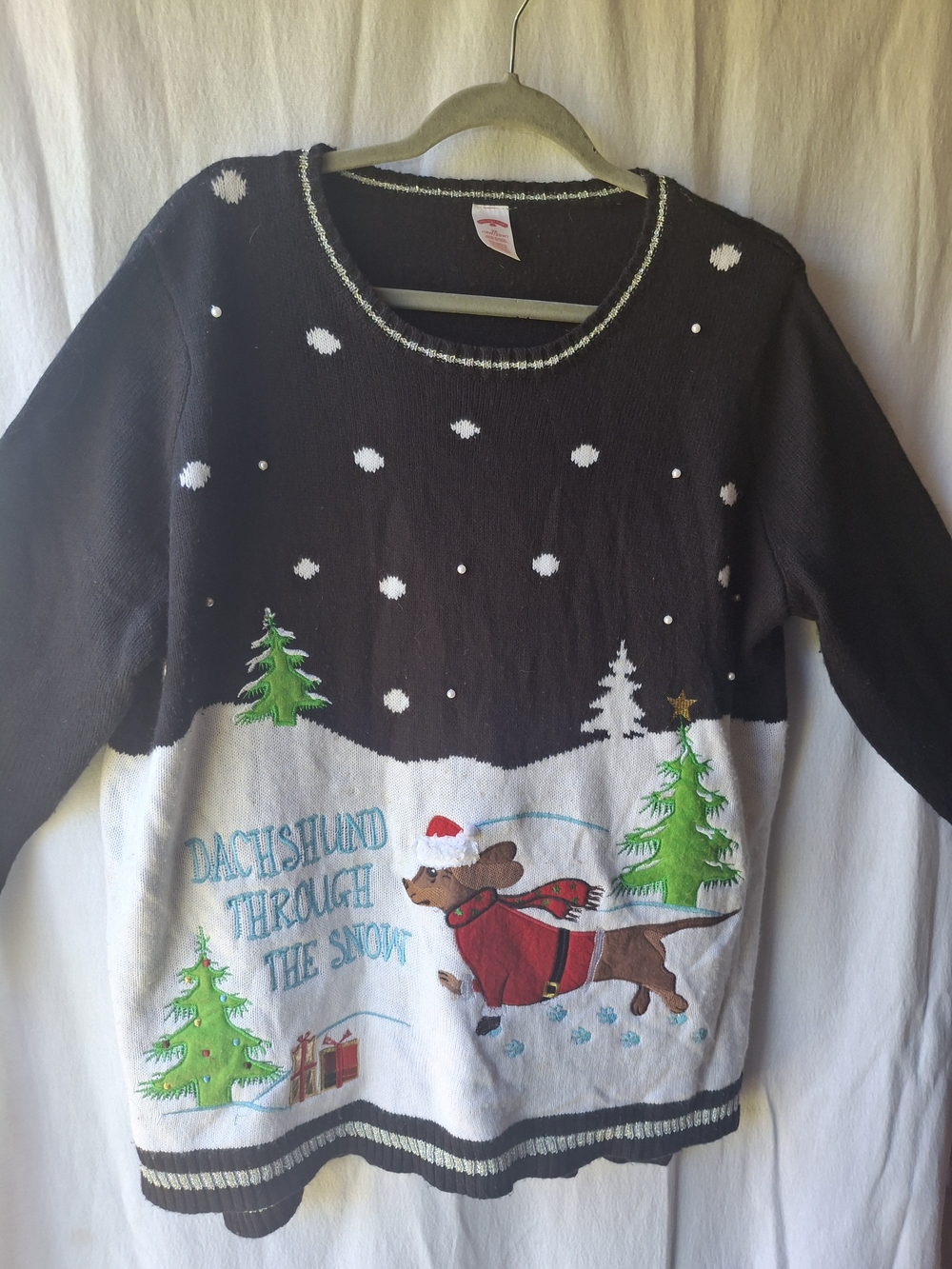 Holiday Time Black & White Dachshund Through the Snow Crewneck Sweater